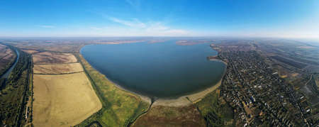 AERIAL VIEW ON KATLABUKH LAKE, IZMAIL RAION, ODESSA OBLAST, UKRAINEの写真素材