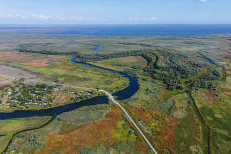 KARTAL LAKE, ORLOVKA VILLAGE, RENI RAION, ODESSA OBLAST, UKRAINE - SEPTEMBER 03, 2020: Aerial view on Kartal lakeの写真素材