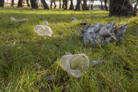Plastic and other garbage thrown by tourists pollutes parks. Plastic garbage environmental pollution...
