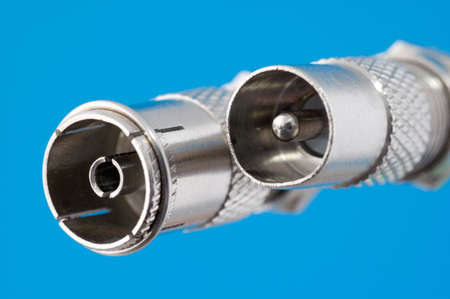 Coaxial sockets for TV signal on the blue backgroundの写真素材