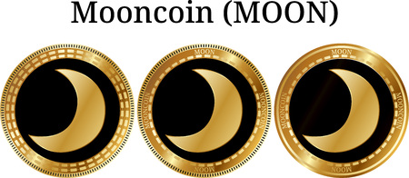 Set of physical golden coin Mooncoin (MOON), digital cryptocurrency. Mooncoin (MOON) icon set. Vector illustration isolated on white background.のイラスト素材