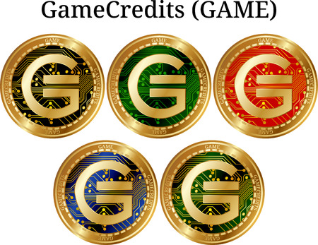 Set of physical golden coin GameCredits (GAME), digital cryptocurrency. GameCredits (GAME) icon set. Vector illustration isolated on white background.のイラスト素材