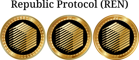 Set of physical golden coin Republic Protocol (REN), digital cryptocurrency. Republic Protocol (REN) icon set. Vector illustration isolated on white background.のイラスト素材