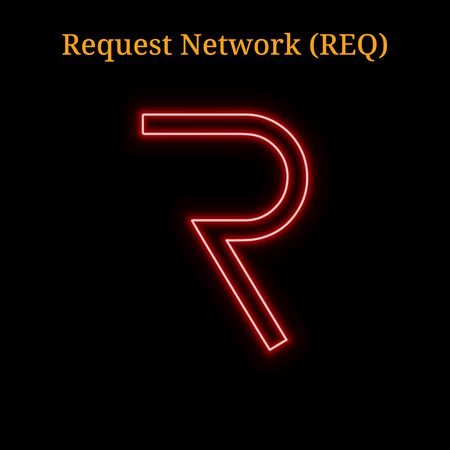Red neon Request Network (REQ) cryptocurrency symbol. Vector illustration eps10 isolated on black backgroundのイラスト素材