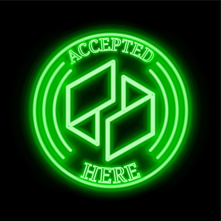 Ubiq (UBQ) green  neon cryptocurrency symbol in round frame with text "Accepted here". Vector illustration isolated on black backgroundのイラスト素材
