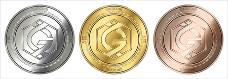 Gold, silver and bronze GridCoin (GRC) cryptocurrency coin. GridCoin (GRC) coin set.のイラスト素材