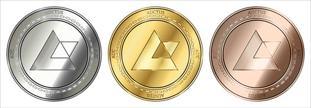 Gold, silver and bronze Auctus (AUC) cryptocurrency coin. Auctus (AUC) coin set.のイラスト素材