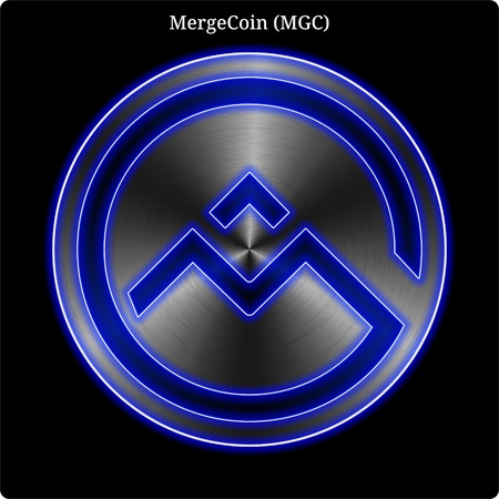 Metal MergeCoin (MGC) cryptocurrency coin with blue neon glow.のイラスト素材
