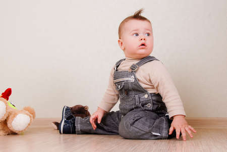 portrait of 1 year old boy made in studioの写真素材