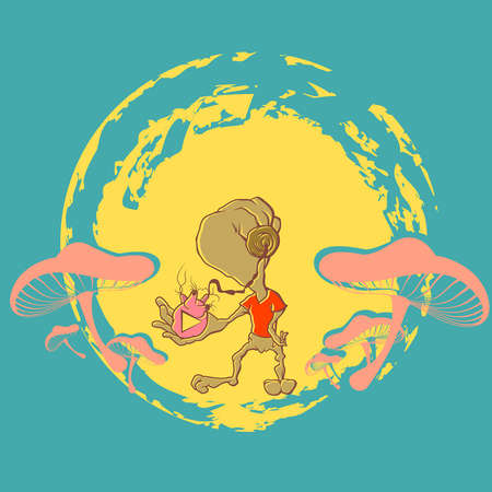 alien listens to music of the heart  on a background of yellow planet