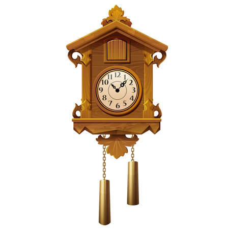 vector illustration of vintage wooden cuckoo clock on a white background