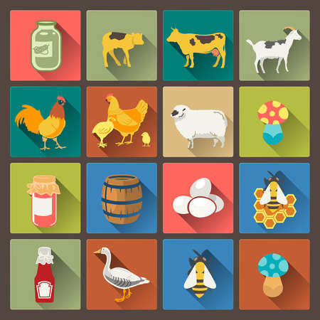 vector set of sixteen farm icons in flat design styleのイラスト素材