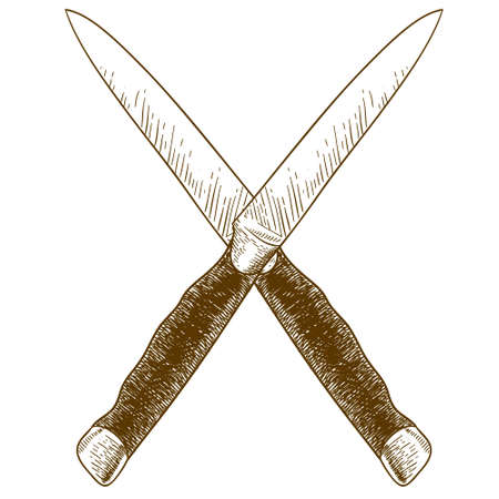 Vector antique engraving drawing illustration of crossed knives isolated on a white backgroundのイラスト素材