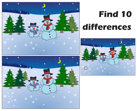 Christmas or New Years puzzle between the two pictures - happy snowmen. Vector eps 10のイラスト素材