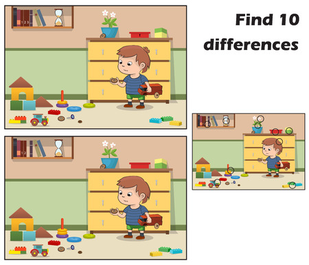 Little boy playing with toys in the room. Find 10 differences. Educational game for children. Cartoon vector illustration. Vector eps 10のイラスト素材