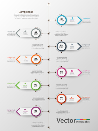Vector infographics timeline design template with 8 steps. Can be used for content, business, infographic, diagram, network, flowchart, process diagram, time line.のイラスト素材