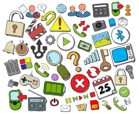 Doodled web and mobile icons collection in colors. Vector hand drawn eps 10のイラスト素材