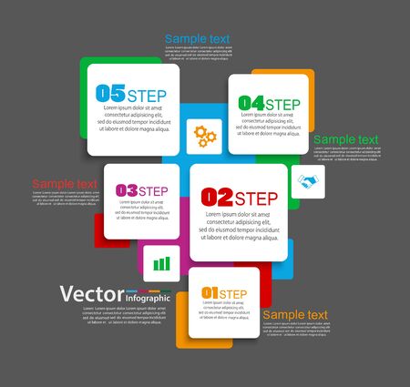 Five steps infographics with colorful squares on black background. Vector chart, diagram, graph with steps, options, parts, processes with square elementsのイラスト素材