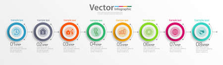 Infographic design template with options and 8 steps. For content, diagram, flowchart, steps, parts, timeline infographics, workflow layout, chart.のイラスト素材