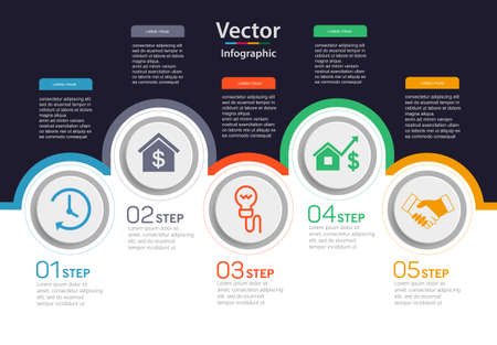 Business infographics design template with 5 options and number, steps or processes. Data visualization. Vector illustrationのイラスト素材