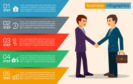 5 steps business infographic banner template design with two businessmen shaking handsのイラスト素材