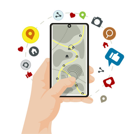 Hand using smartphone with gps navigation and social  media icons. Vector illustrationのイラスト素材