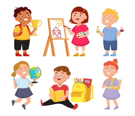 Back to school. Vector set of kids school children doing different activities.のイラスト素材