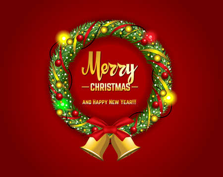 Christmas wreath with golden jingle bells  for Merry Christmas and Happy New Year celebration. Vector illustrationのイラスト素材