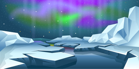 Winter arctic ice landscape, snow mountains hills. Polar night with northern lights. Vector abstract backgroundのイラスト素材