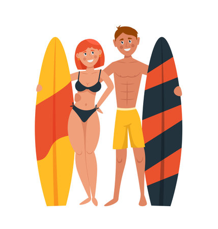 Two male and female surfers isolated on white background. Man and woman with surfboards. Cartoon vector illustrationのイラスト素材
