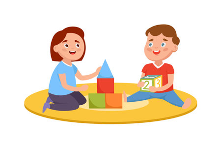 Little boy and girl playing with wooden blocks.  Flat vector character illustrationのイラスト素材