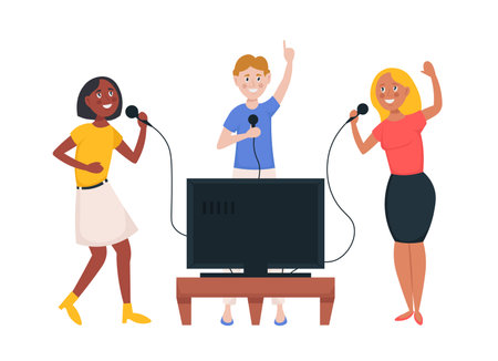 Happy friends having fun and singing karaoke.  Cartoon vector illustrationのイラスト素材