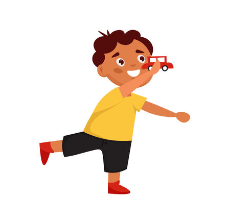 Happy little boy playing with  toy car. Cartoon vector illustrationのイラスト素材