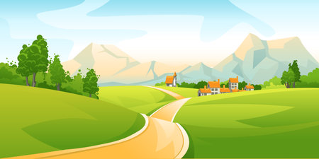 Rural landscape with meadows and mountains. Vector illustration in flat designのイラスト素材