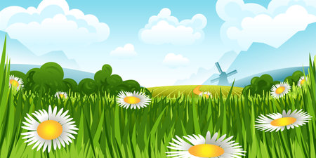 Summer landscape background  with flowers. Vector illustrationのイラスト素材