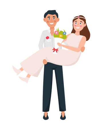 The groom holds the bride in his arms while she holds the bouquet. Love and happiness wedding concept. Vector illustrationのイラスト素材