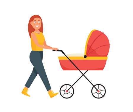 Smiling mother taking a walk with her baby in a pram stroller. Flat vector illustrationのイラスト素材
