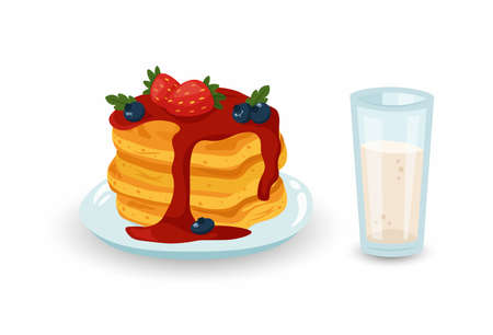 Pancakes with chocolate cream and strawberries and cup of milk. Vector  illustrationのイラスト素材