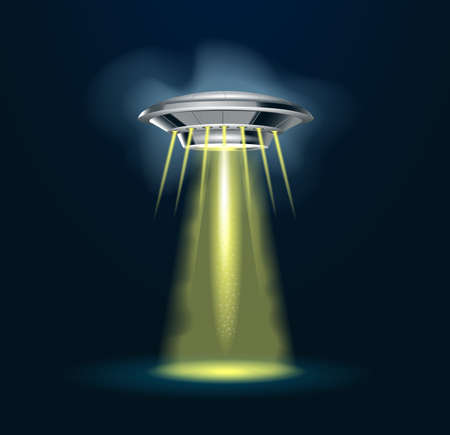 Alien spaceship with  light beam, smoke and glows. 3d vector ufoのイラスト素材