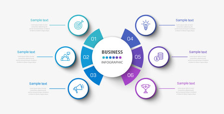 Business vector infographic design template with icons and 6 options or steps. Can be used for process diagram, presentations, workflow layout, banner, flow chart, info graphのイラスト素材