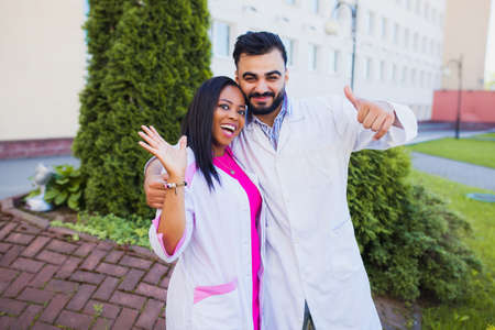 group of happy african college friends. happy graduates of the medical team.の写真素材
