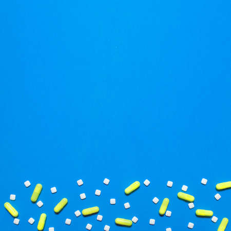 pharmaceutical medical blue background. Top view of the pills, ampoules, pills. Place for text