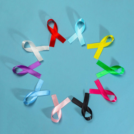 World Cancer Day. Colorful ribbons, cancer awareness. International Agency for Research on Cancerの写真素材