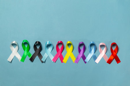 World Cancer Day. Colorful ribbons, cancer awareness. International Agency for Research on Cancerの写真素材