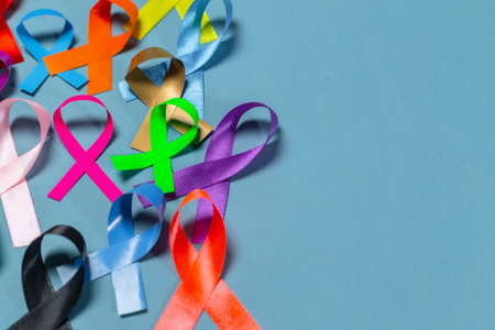 World Cancer Day. Colorful ribbons, cancer awareness. International Agency for Research on Cancerの写真素材