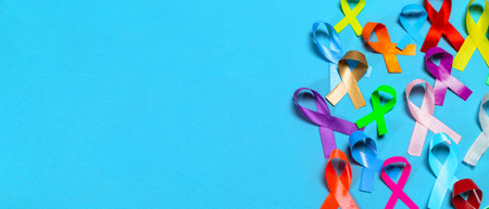 World Cancer Day. Colorful ribbons, cancer awareness. International Agency for Research on Cancerの写真素材