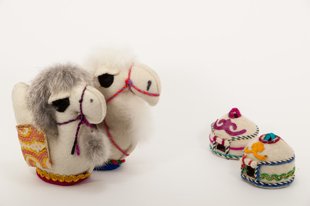 Toy souvenir animals two camels handmade isolatedの写真素材