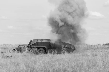 2018-04-30 The Samara, Russia. A wounded armored car of the German troops. Reconstruction of military operations.のeditorial素材