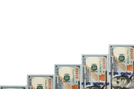 Ladder steps out of bills of one hundred dollars on a white background.