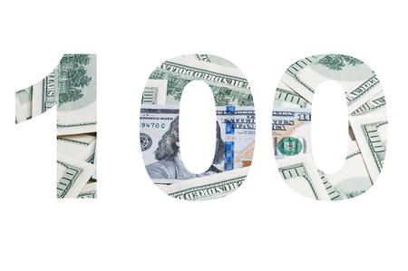 The 100 digit symbol is made of money on a white backgroundの写真素材